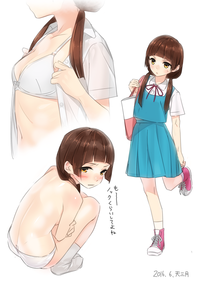 ama_mitsuki amayadori_machi back bangs blue_skirt blue_vest blunt_bangs blush bra breasts brown_eyes brown_hair commentary_request dated kumamiko long_hair looking_at_viewer low_twintails multiple_views panties pink_footwear school_uniform shirt shoes simple_background sketch skirt small_breasts squatting topless translated twintails underwear underwear_only undressing vest white_bra white_legwear white_panties white_shirt