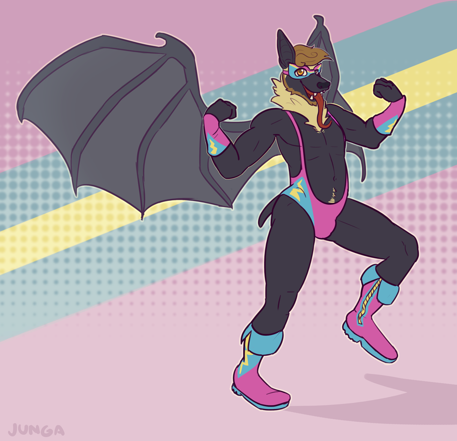 2016 anthro athletic bat boots clothed clothing cmyk flying_fox footwear fruit_bat gloves junga leotard male mammal mask muscular open_mouth smile solo tongue tongue_out wings wrestler