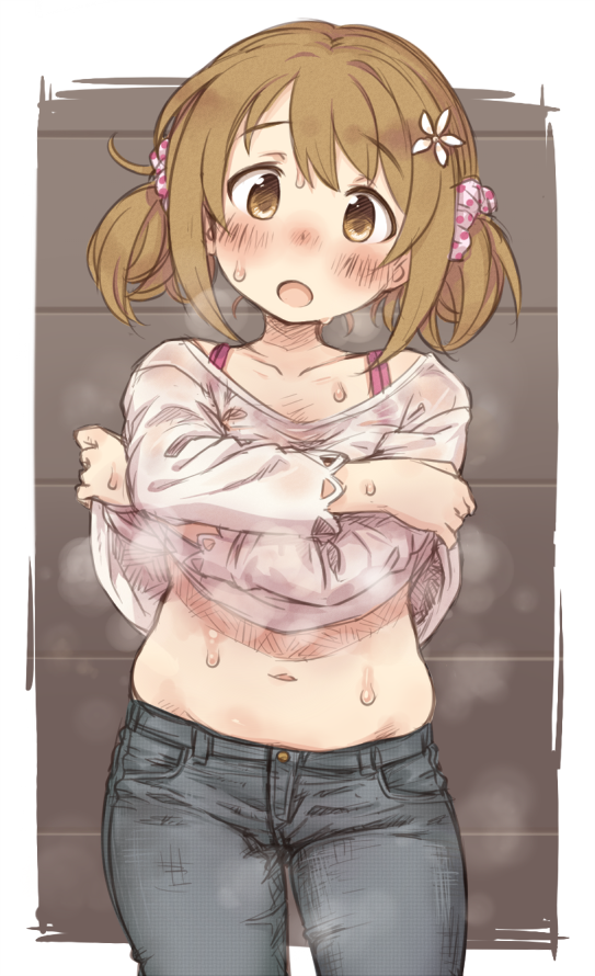 7010 alternate_hairstyle belly blush brown_eyes brown_hair cowboy_shot denim flower hair_flower hair_ornament hair_scrunchie hot idolmaster idolmaster_cinderella_girls jeans lifted_by_self looking_at_viewer mimura_kanako muffin_top navel open_mouth pants plump polka_dot polka_dot_scrunchie scrunchie shirt_lift short_hair short_twintails solo sweat twintails undressing