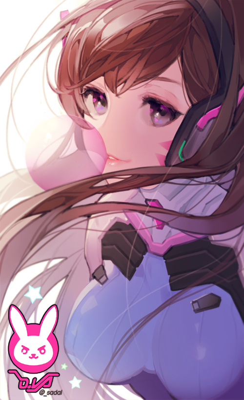 bangs bodysuit breasts brown_hair bubble_blowing bunny character_name chewing_gum d.va_(overwatch) facepaint facial_mark high_collar large_breasts lips long_hair long_image looking_at_viewer overwatch pilot_suit pink_lips purple_eyes sadal solo star stick_poster swept_bangs turtleneck twitter_username upper_body whisker_markings