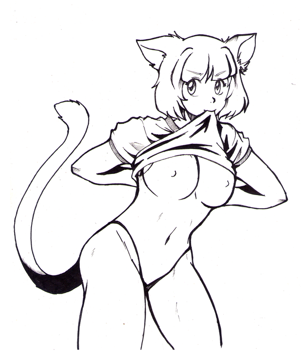 2011 animal_humanoid breasts cat_humanoid clothing feline female greyscale hair hands_behind_back humanoid line_art looking_at_viewer mammal monochrome navel nipples short_hair simple_background smile solo teasing thong undressing white_background zerocalnozero