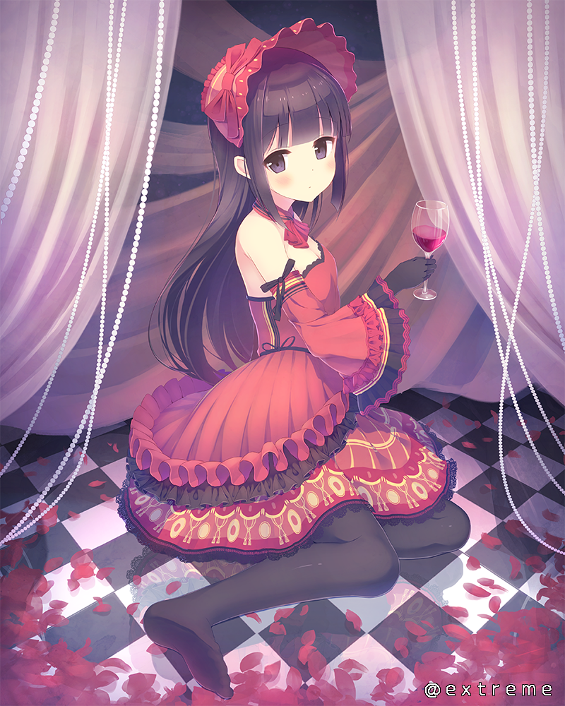 alc_(ex2_lv) bare_shoulders black_eyes black_gloves black_hair black_legwear blush bonnet checkered checkered_floor choker closed_mouth cup detached_sleeves dress drinking_glass expressionless full_body gloves head_tilt holding holding_cup long_sleeves momoiro_taisen_pairon no_shoes on_floor pantyhose petals red_dress sitting sleeveless sleeveless_dress solo watermark wine_glass