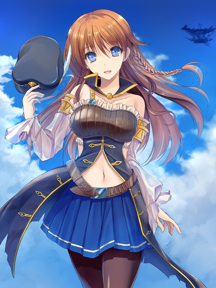 :d aircraft arm_at_side armlet bangs bare_shoulders belt black_hat black_legwear blue_eyes blue_skirt blue_sky braid breastplate breasts brown_hair cloud cowboy_shot day detached_collar detached_sleeves eyebrows eyebrows_visible_through_hair frills granblue_fantasy hair_between_eyes hat hat_feather hat_removed headwear_removed holding holding_hat large_breasts lecia_(granblue_fantasy) long_hair looking_at_viewer miniskirt navel open_mouth pantyhose pleated_skirt puffy_sleeves see-through single_braid skirt sky smile solo stomach takepon