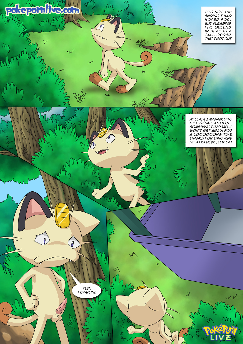 balls barbed_penis bbmbbf comic dialogue english_text erection forest frown grass hands_on_hips happy male meowth nintendo outside palcomix penis pok&eacute;mon pokepornlive solo text tree video_games walking