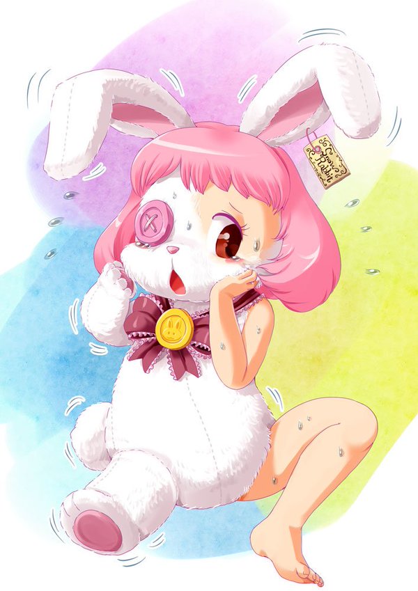 edmol hands_on_face pink_hair rabbit rabbit_ears stuffed_animal toy transformation