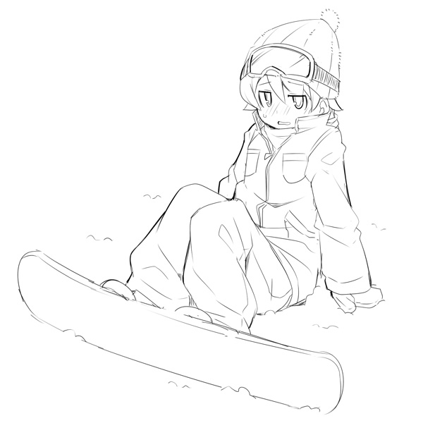 1girl bangs beanie blush eyebrows_visible_through_hair goggles goggles_on_head greyscale hair_between_eyes hat idolmaster idolmaster_cinderella_girls jacket long_sleeves looking_at_viewer mittens monochrome morikubo_nono nose_blush pants parted_lips sitting ski_goggles sleeves_past_wrists snow snowboard solo sweat ushi winter_clothes