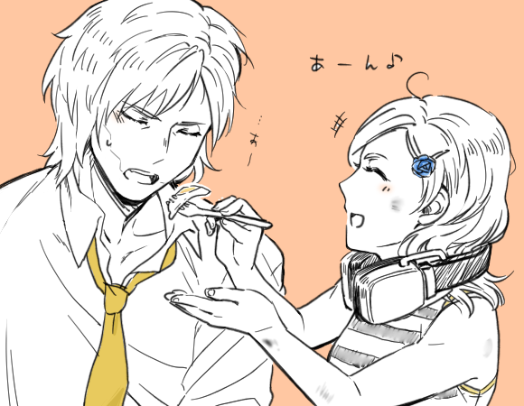 1boy 1girl age_difference androgynous blush collarbone cyborg dirty eyes_closed feeding flower food fork formal hairpin headphones lineart metal_gear_(series) metal_gear_rising:_revengeance monochrome moroto necktie open_mouth orange_background raiden shirt simple_background sleeveless_shirt smile spot_color striped striped_shirt sunny_gurlukovich sweatdrop teeth