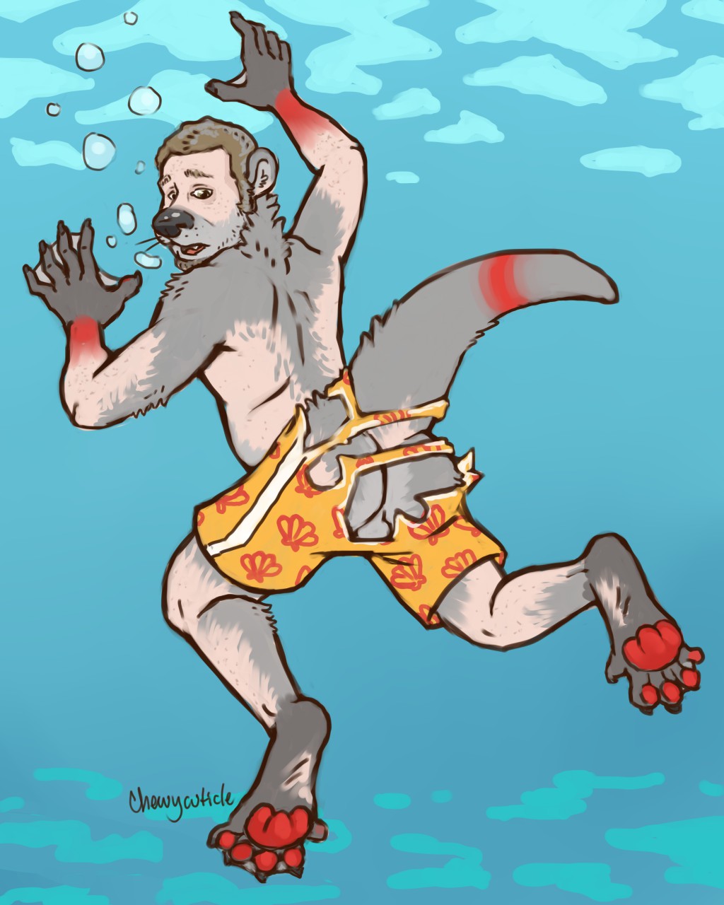 balls bubble chewycuticle clothing human jazzotter male mammal mustelid otter snout solo swimming_trunks swimsuit tail_growth thick_tail transformation underwater water webbed_feet webbed_hands