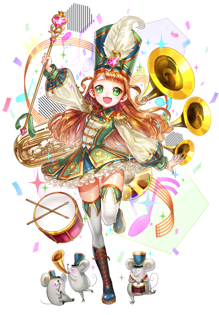 arm_up bangs beamed_eighth_notes beamed_sixteenth_notes boots box_(hotpppink) brown_hair cross-laced_footwear dress drum drumsticks eighth_rest epaulettes feathers frilled_dress frills full_body green_eyes hat heart instrument knee_boots lace-up_boots long_hair looking_at_viewer majorette mouse musical_note open_mouth original outstretched_arms personification pocketland quarter_note shako_cap simple_background sixteenth_note solo staff_(music) standing standing_on_one_leg thighhighs trumpet tuba uniform wand white_background white_legwear zettai_ryouiki