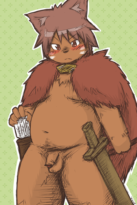 2010 anthro balls belly blush canine flaccid green_background humanoid_hands kota&acute; male mammal melee_weapon navel overweight overweight_male penis simple_background solo sword weapon young
