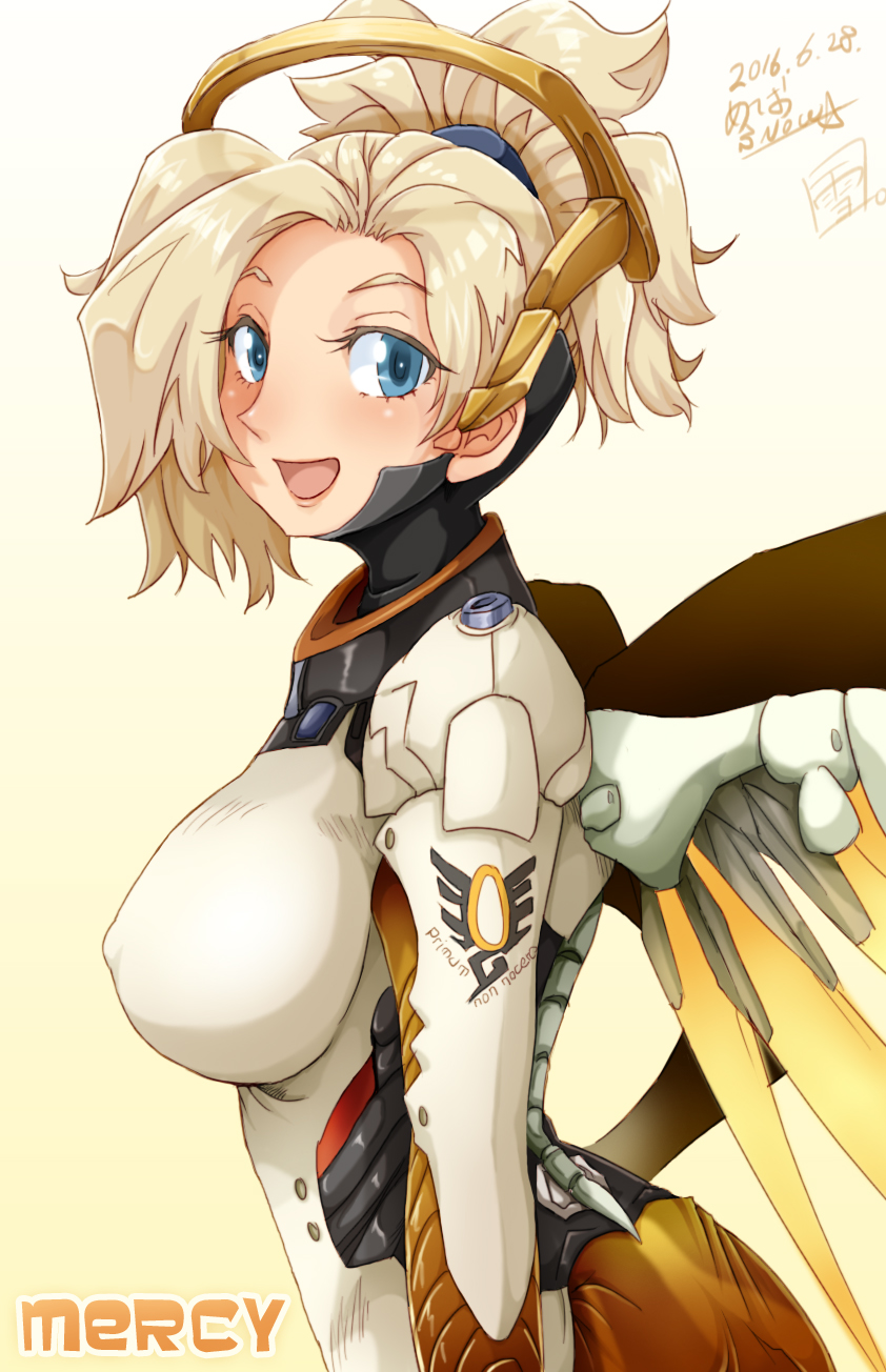 2016 armor artist_name blonde_hair blue_eyes bodysuit breasts character_name covered_nipples dated emblem from_side headgear high_collar highres large_breasts looking_at_viewer md5_mismatch mechanical_halo mechanical_wings mercy_(overwatch) meteo_snow open_mouth overwatch ponytail short_hair short_ponytail signature smile solo turtleneck upper_body wing_print wings yellow_wings