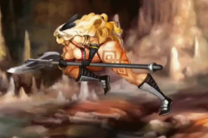 1girl amazon amazon_(dragon's_crown) animated animated_gif ass axe bikini blonde_hair body_markings boots bouncing_breasts breasts cave dragon's_crown feather female gloves hips holding holding_weapon indoors large_breasts long_boots long_hair muscles running solo swinging_breasts thick_thighs thighs vanillaware weapon wide_hips