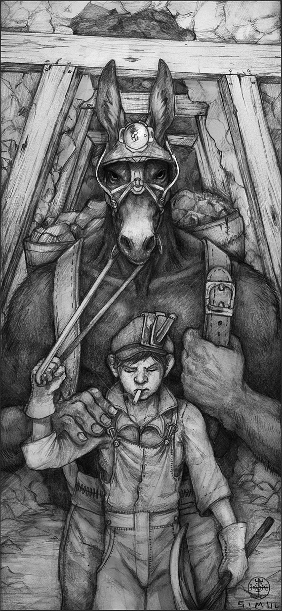 2016 anthro armor backpack child cigarette clothed clothing coal donkey duo equine gloves greyscale halter hand_on_shoulder harness hat headgear helmet human lamp male mammal mine monochrome overalls pickaxe reins shirt simul smoking standing straps topless work young