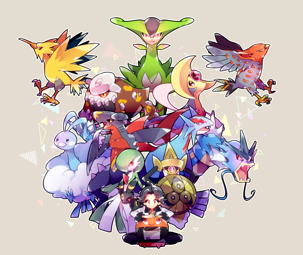 1boy aegislash altaria chibi cresselia dragon fangs flying garchomp gardevoir gyarados heatran nintendo pokemon rotom salamance smile talonflame umbreon virizion wings zapdos