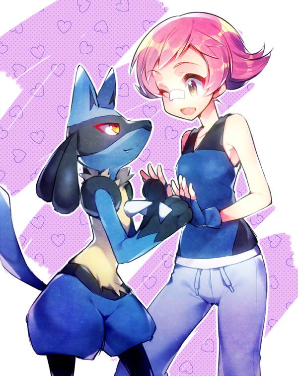 1girl artist_request lucario nintendo pokemon smile sumomo_(pokemon)