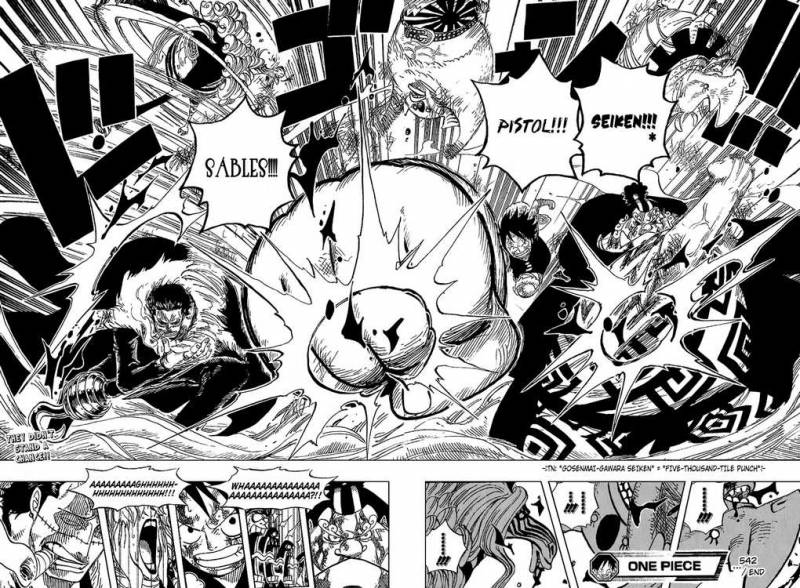 arms_up battle belt belt_buckle buckle character_request cigar clenched_teeth comic copyright_name english explosion facial_scar fishman gear_third greyscale hard_translated hook_hand jacket_on_shoulders jewelry jimbei male_focus messy_hair minokoala minorhinoceros minozebra monkey_d_luffy monochrome multiple_boys oda_eiichirou one_piece open_mouth ring sadi-chan scan scar screaming shaded_face shirtless sir_crocodile smoking teeth tusks