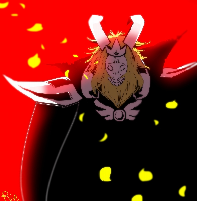 2016 asgore_dreemurr blonde_hair boss_monster cape caprine clothing crown facial_hair goat hair horn long_ear long_horn male mammal petals rie_(artist) sad undertale video_games