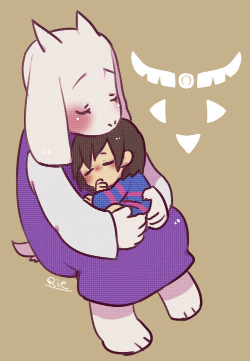 2016 blush boss_monster caprine female goat holding_(disambiguation) horn long_ears mammal protagonist_(undertale) protecting rie_(artist) sleeping toriel undertale video_games