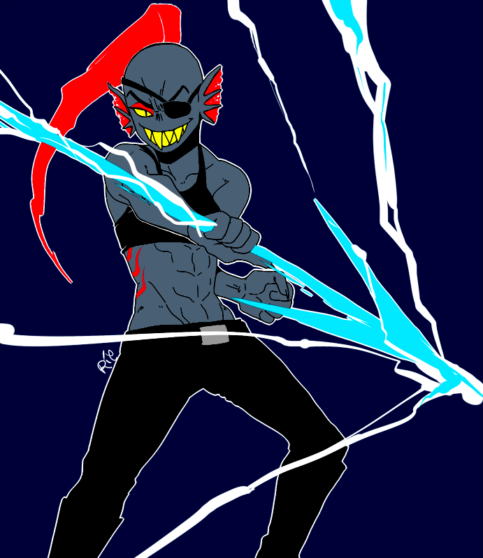 2016 eye_patch eyewear female fish marine melee_weapon polearm rie_(artist) sharp_teeth solo spear tagme teeth undertale undyne video_games weapon