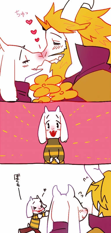 2016 asgore_dreemurr asriel_dreemurr blonde_hair blush boss_monster cape caprine clothing comic crown facial_hair female goat hair horn long_ears long_horns male mammal nuzzling rie_(artist) toriel undertale video_games