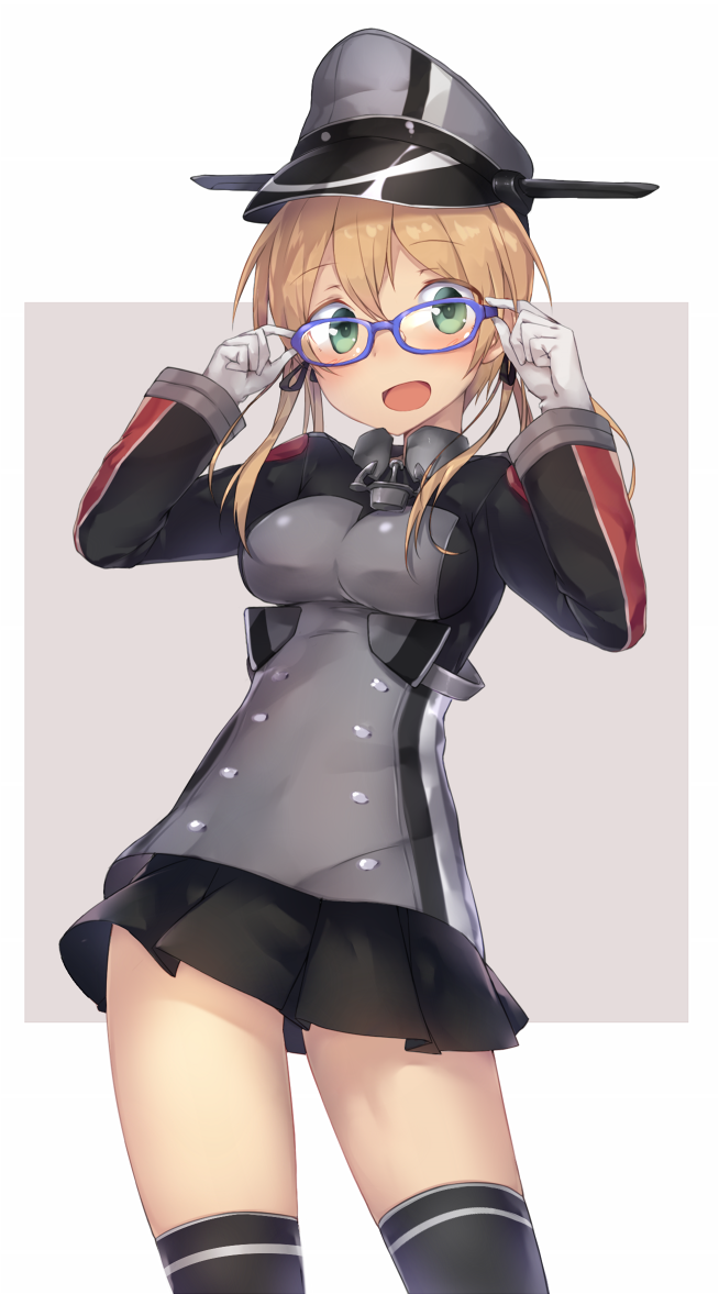 adjusting_eyewear anchor_hair_ornament bespectacled blonde_hair blue-framed_eyewear blush breasts contrapposto cowboy_shot eyebrows eyebrows_visible_through_hair glasses gloves green_eyes hair_between_eyes hair_ornament hat kantai_collection looking_at_viewer low_twintails medium_breasts metindone military military_uniform miniskirt open_mouth peaked_cap pleated_skirt prinz_eugen_(kantai_collection) skirt solo standing thighhighs thighs twintails uniform white_gloves zettai_ryouiki