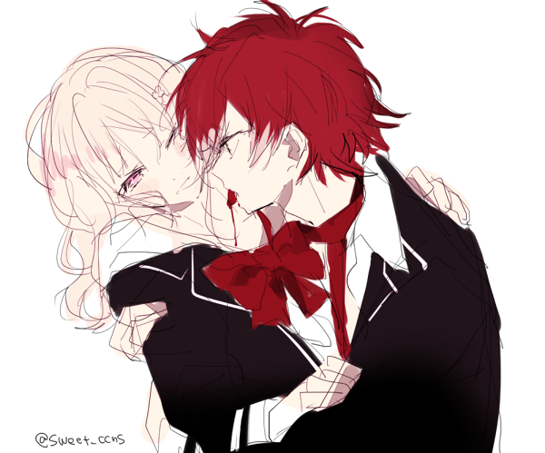 1boy 1girl blonde_hair blood blush bowtie closed_mouth curly_hair diabolik_lovers flat_color half-closed_eyes hand_on_another's_shoulder hetero hug jacket kiri_(qoo) komori_yui licking loose_clothes necktie one_eye_closed open_mouth petite profile red_hair sakamaki_ayato school_uniform simple_background tongue tongue_out twitter_username unbuttoned uniform upper_body vampire white_background