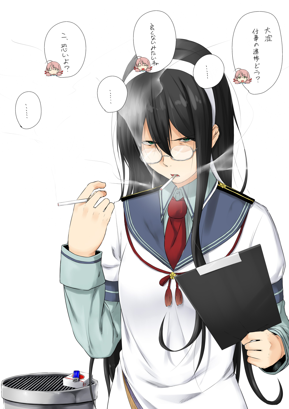 2girls ahoge akashi_(kantai_collection) ashtray bangs black_hair chain_smoking cigarette clipboard gesugao glaring glasses green_eyes hair_between_eyes hairband highres holding holding_cigarette kantai_collection kubrick_stare lighter long_hair looking_at_viewer multiple_girls narrowed_eyes necktie niwatazumi ooyodo_(kantai_collection) open_mouth pink_hair sailor_collar sailor_shirt school_uniform serafuku shirt sidelocks simple_background sketch smile smoke smoking spoken_ellipsis sweatdrop translated white_background