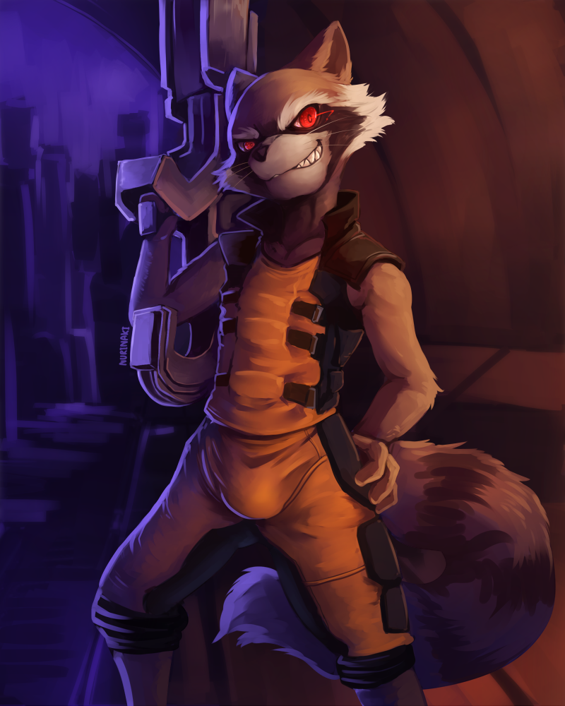 bulge clothed clothing evil_face guardians_of_the_galaxy gun male mammal marvel nurinaki pinup pose raccoon ranged_weapon rocket_raccoon solo weapon