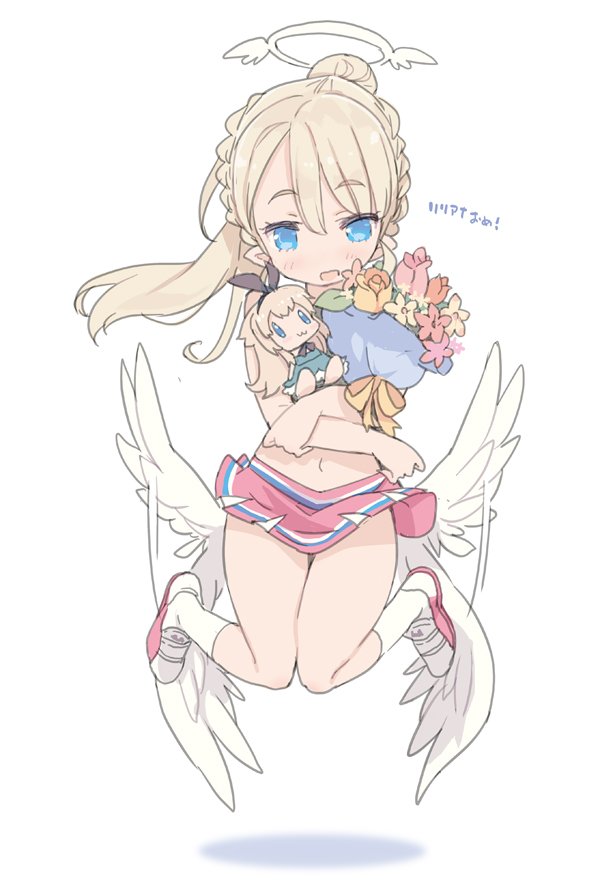 :3 alice_(grimms_notes) angel_wings birthday blade_(galaxist) blonde_hair blue_eyes blush braid character_doll cheerleader commentary_request floating french_braid full_body grimms_notes halo liliana_hart long_hair navel open_mouth pleated_skirt pointy_ears ponytail pop-up_story skirt smile solo white_background wings
