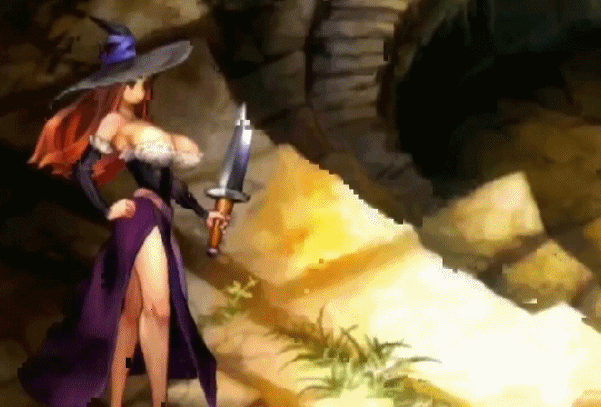 1girl animated animated_gif attack bare_legs bare_shoulders bounce bouncing_breasts breasts brown_hair cleavage curvy detached_sleeves dragon's_crown dress female full_body hat holding_weapon huge_breasts long_hair lunging open_mouth outdoors shoes side_slit skirt solo sorceress sorceress_(dragon's_crown) standing sword thighs vanillaware weapon wide_hips witch_hat