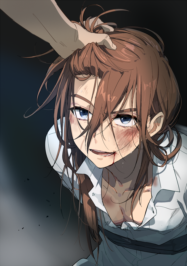 blood blood_from_mouth blood_on_face blue_eyes brown_hair bruise charlotte_(anime) injury kumagami_(charlotte) long_hair male_focus me_(mikannu) open_clothes open_shirt pectorals ponytail shirt smirk solo_focus spoilers sweat