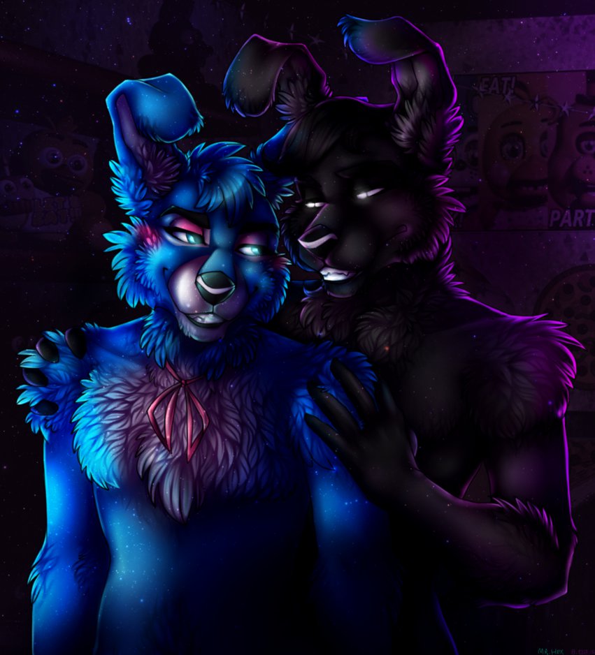 clothing eager five_nights_at_freddy's five_nights_at_freddy's_2 fur glitter glowing grabbing grope hexencoder holding_(disambiguation) lagomorph lips makeup male male/male mammal muscular rabbit ribbon_tie shadow_bonnie_(fnaf) smile sparkles teeth temptation toy_bonnie_(fnaf) video_games