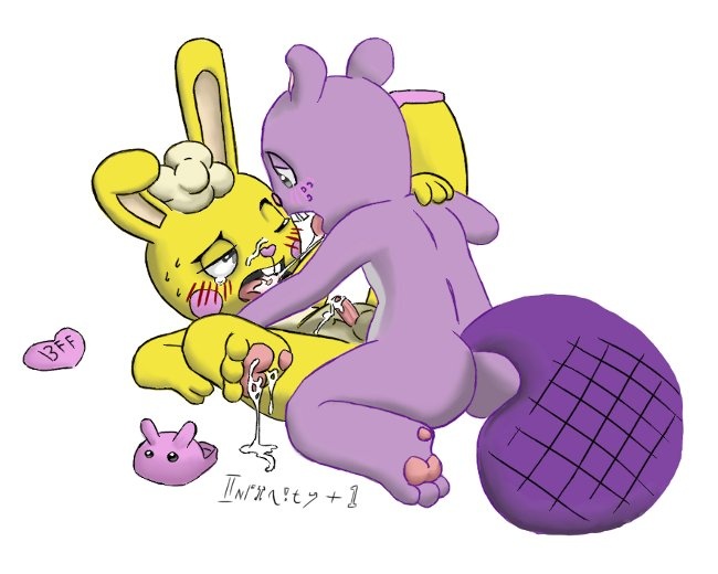 anthro anvil_position balls barefoot beaver blush buckteeth butt cuddles_(htf) cum cum_on_feet drooling erection eye_contact flat_colors happy_tree_friends infinityplus1 kissing kneeling lagomorph legs_up lying male male/male mammal nude on_back one_eye_closed open_mouth penis plantigrade rabbit rodent saliva saliva_string sex signature slippers small_penis spread_legs spreading teeth toothy_(htf)