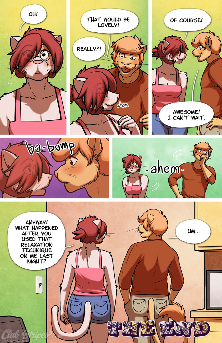 ... anthro breasts butt clothing clubstripes comic dialogue digital_media_(artwork) eyewear feline female glasses hi_res kitchen lion male mammal meesh text the_end