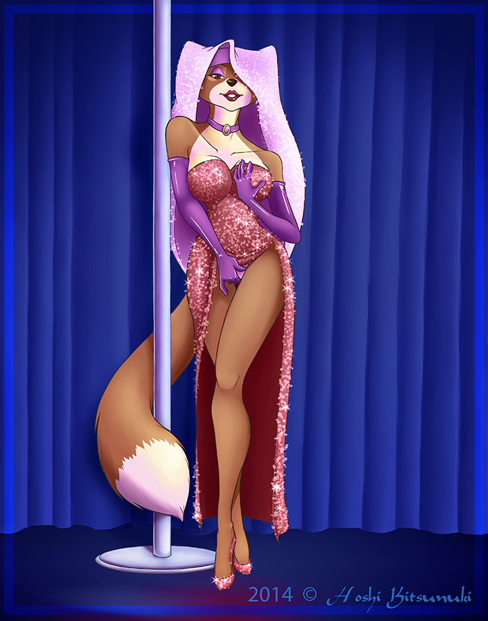 anthro breast_grab breasts brown_fur canine clothing clothing_lift cosplay disney dress dress_lift elbow_gloves female footwear fox fur gloves grope hand_on_breast high_heels hoshi_kitsunuki jessica_rabbit looking_at_viewer maid_marian mammal panties pole robin_hood_(disney) solo tan_fur underwear who_framed_roger_rabbit