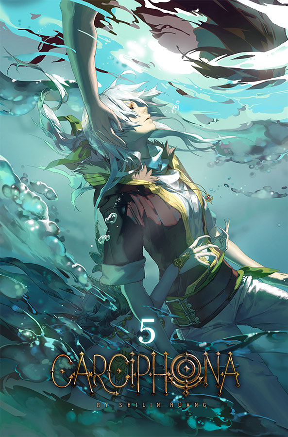air_bubble bubble carciphona comic commentary english_commentary eyes_closed fur_trim jewelry long_hair necklace outstretched_arms pants scarf shilin short_sleeves submerged underwater water
