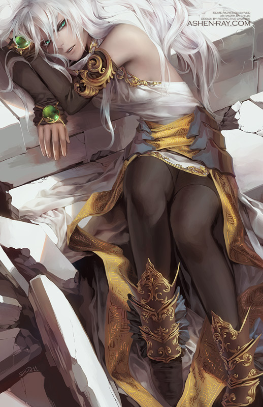 1girl bangs bare_shoulders brown_footwear commentary dress elbow_gloves english_commentary gloves gold_trim green_eyes hair_between_eyes long_hair looking_at_viewer original pantyhose parted_lips sash shilin sitting white_dress white_hair