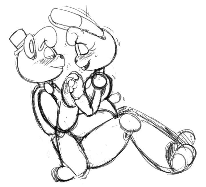 animatronic anthro bear black_and_white blush clothing duo female five_nights_at_freddy's fredbear_(fnaf) hand_holding line_art lotus_position lying machine male male/female mammal monochrome on_lap penetration robot sex simple_background sitting sketch spring_bonnie_(fnaf) sweat unnecessaryfansmut vaginal vaginal_penetration video_games white_background