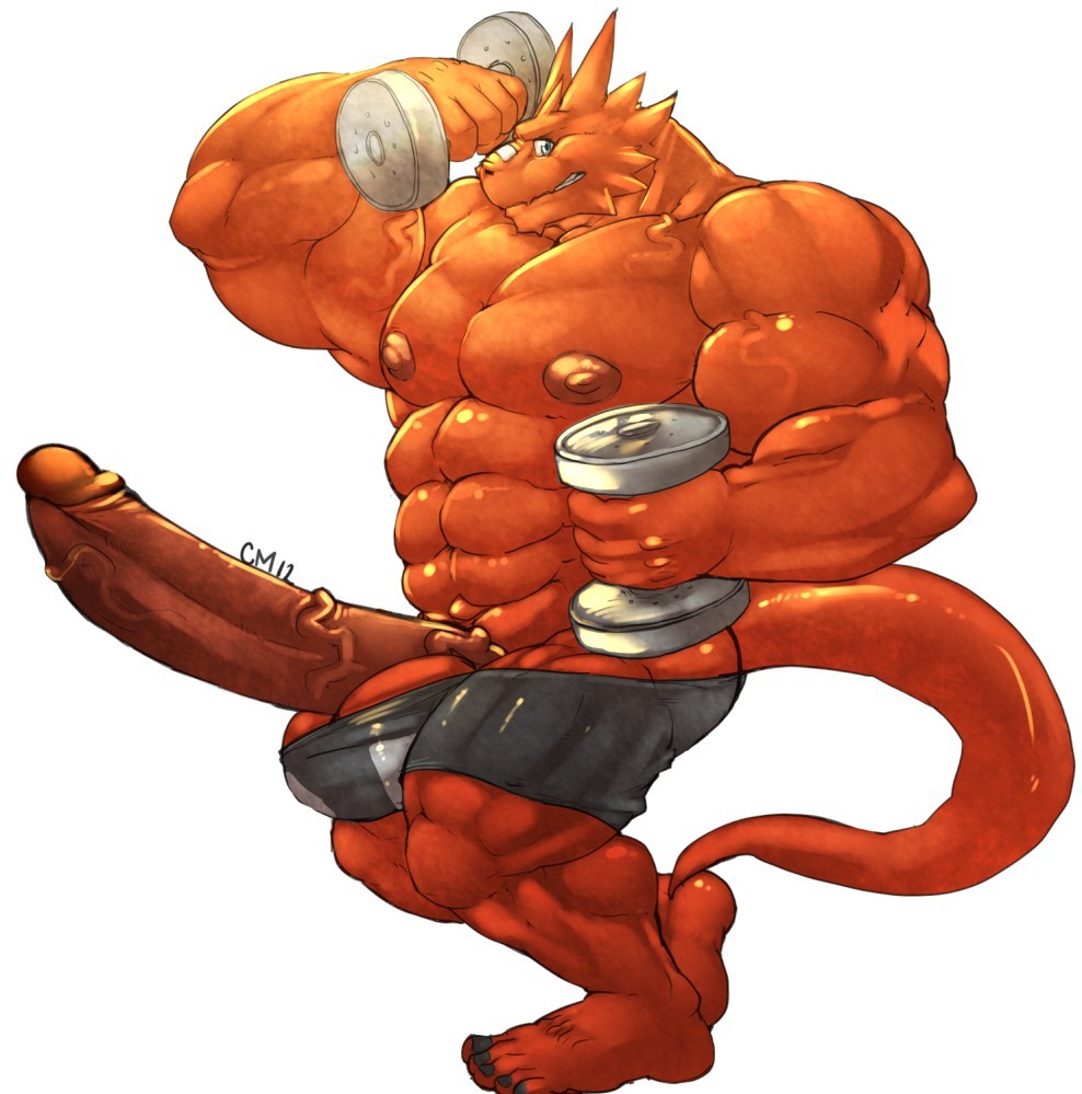 5_toes abs animal_genitalia anthro athletic balls belly biceps big_biceps big_penis blue_eyes clenched_teeth clothed clothing cursedmarked dinosaur erection flexing hair hi_res holding_object huge_penis humanoid_penis kneeling looking_at_viewer male manly mature_male muscular muscular_male nipples nude orange_hair pants partially_retracted_foreskin pecs penis pose reptile scalie side_view simple_background smile teeth thick_penis toes topless uncut vein veiny_penis weights work_out