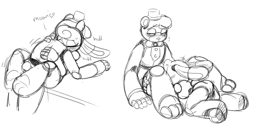 &lt;3 animatronic anthro bear blush duo eyes_closed fellatio female five_nights_at_freddy's fredbear_(fnaf) half-closed_eyes hat kneeling lagomorph lying machine male male/female mammal monochrome multiple_positions on_back oral penetration pussy rabbit robot sex simple_background sketch sound_effects spring_bonnie_(fnaf) table table_lotus_position top_hat unnecessaryfansmut vaginal vaginal_penetration video_games white_background