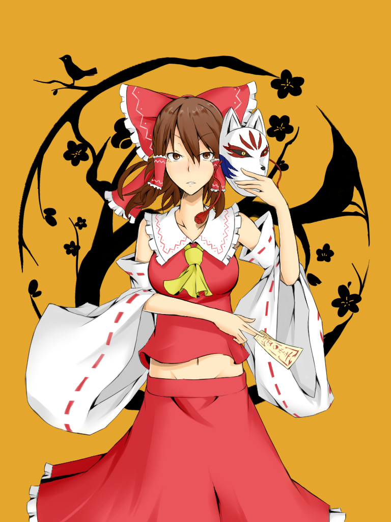 ascot bow breasts brown_eyes brown_hair collarbone commentary_request detached_sleeves fox_mask frilled_shirt_collar frills groin hair_bow hair_tubes hakurei_reimu ishimu japanese_clothes looking_at_viewer mask mask_removed medium_breasts miko navel ofuda parted_lips red_bow red_skirt ribbon-trimmed_sleeves ribbon_trim skirt skirt_set solo touhou wide_sleeves
