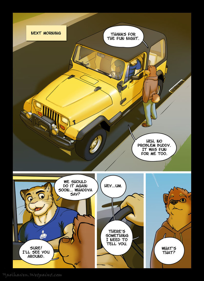 anthro canine car chris_(meesh) clothed clothing comic cougar detailed_background dialogue digital_media_(artwork) dog duo english_text eyewear feline fully_clothed fur glasses john_(meesh) little_buddy male mammal meesh muscular smile speech_bubble standing tagme text vehicle