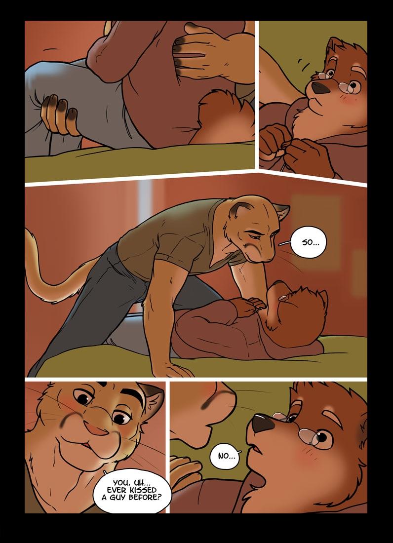 anthro bed bedroom blush brown_fur canine carrying chris_(meesh) clothed clothing comic cougar detailed_background dialogue digital_media_(artwork) dog duo english_text eyewear feline fully_clothed fur glasses half-closed_eyes hoodie john_(meesh) little_buddy looking_down lying male mammal meesh muscular on_back sitting smile speech_bubble text yellow_fur