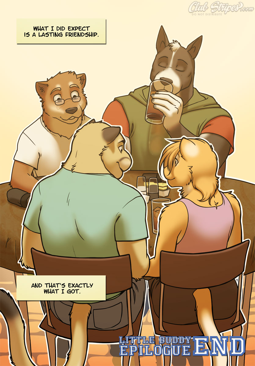 anthro canine chris_(meesh) clothed clothing comic cougar detailed_background dialogue digital_media_(artwork) dog english_text eyewear feline fully_clothed fur glasses group john_(meesh) little_buddy male mammal meesh muscular smile speech_bubble standing tagme text