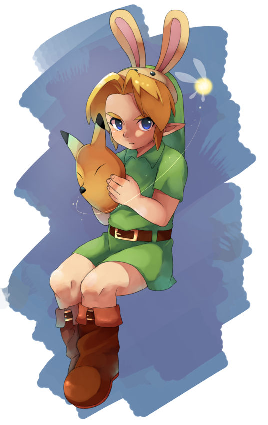 1boy blonde_hair blue_eyes boots bunny_hood child fairy fox_mask hat keaton_mask link male_focus mask nintendo parted_bangs pointy_ears sitting solo the_legend_of_zelda the_legend_of_zelda:_majora's_mask wafu_(wahoo) young_link