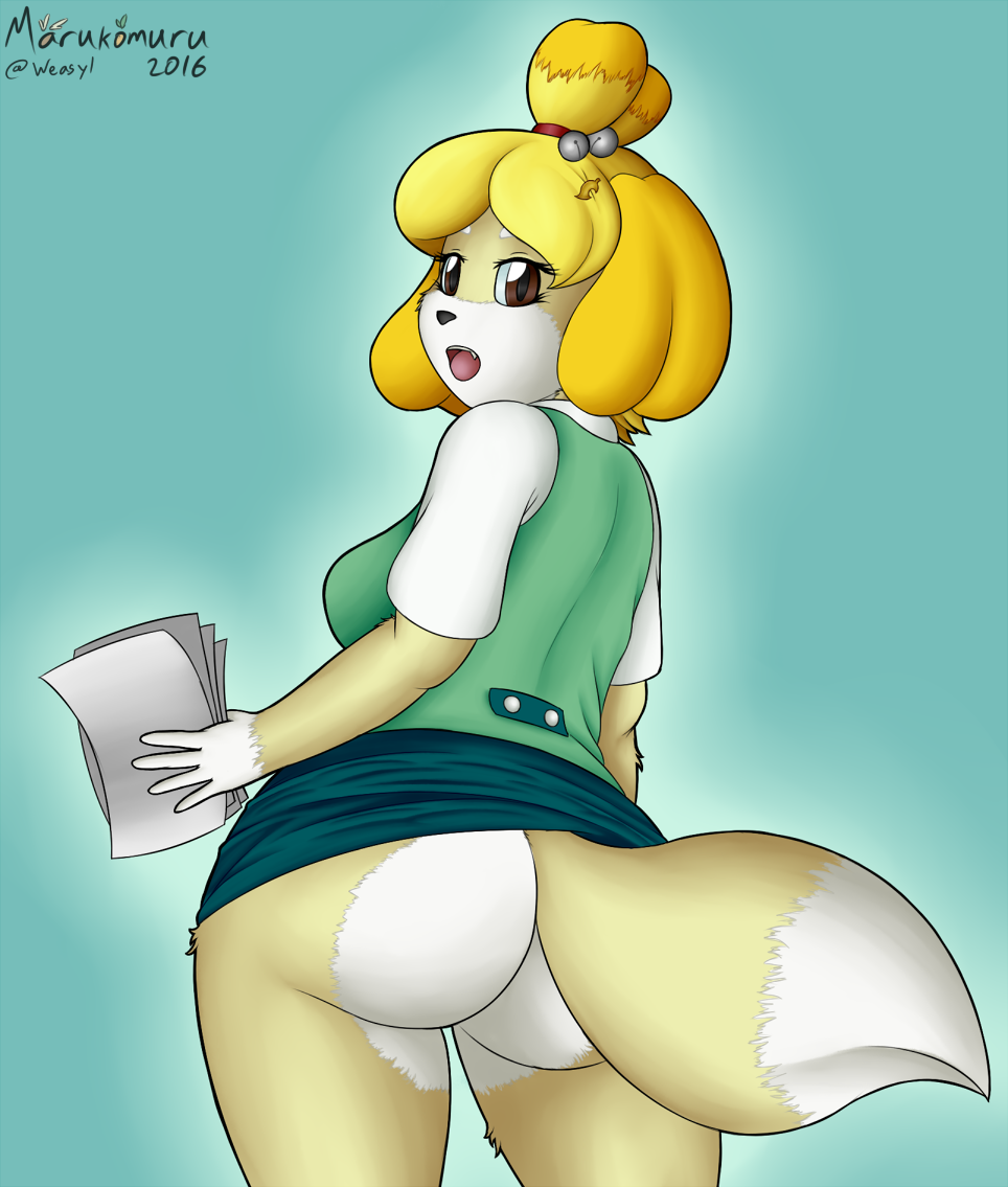 2016 animal_crossing anthro big_butt blonde_hair breasts butt canine clothing clothing_lift dog female fur hair isabelle_(animal_crossing) looking_at_viewer looking_back mammal marukomuru nintendo open_mouth paper rear_view side_boob simple_background skirt skirt_lift solo thick_thighs video_games wide_hips