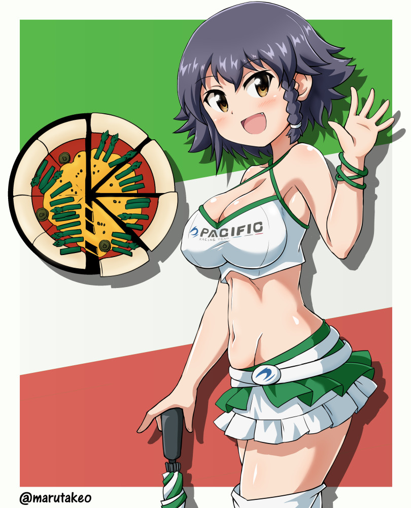 anzio_(emblem) bangs black_hair boots bracelet braid breasts brown_eyes cleavage closed_umbrella cowboy_shot crop_top emblem fang flag_background food girls_und_panzer hair_tie holding italian_flag jewelry large_breasts looking_at_viewer maru_takeo microskirt midriff navel open_mouth pepperoni_(girls_und_panzer) pizza pleated_skirt race_queen short_hair side_braid skirt smile solo standing thigh_boots thighhighs twitter_username umbrella waving white_footwear