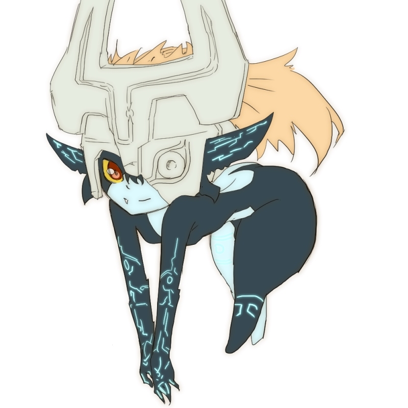 370ml bare_shoulders breasts featureless_breasts female finger_on_mouth fur grin hair humanoid imp looking_at_viewer mask midna nintendo not_furry orange_hair red_eyes simple_background smile solo stretching the_legend_of_zelda thick_thighs twilight_princess video_games white_background