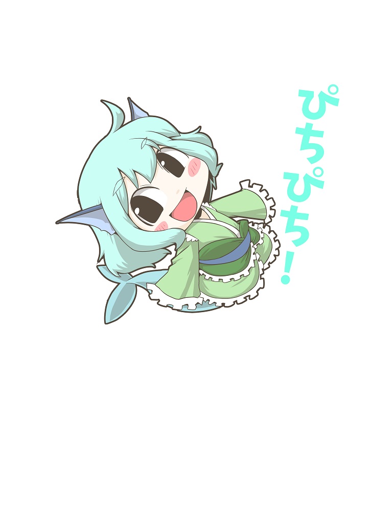 blush_stickers chibi commentary_request head_fins mermaid monster_girl obi sash short_hair smile solo touhou translation_request wakasagihime zannen_na_hito