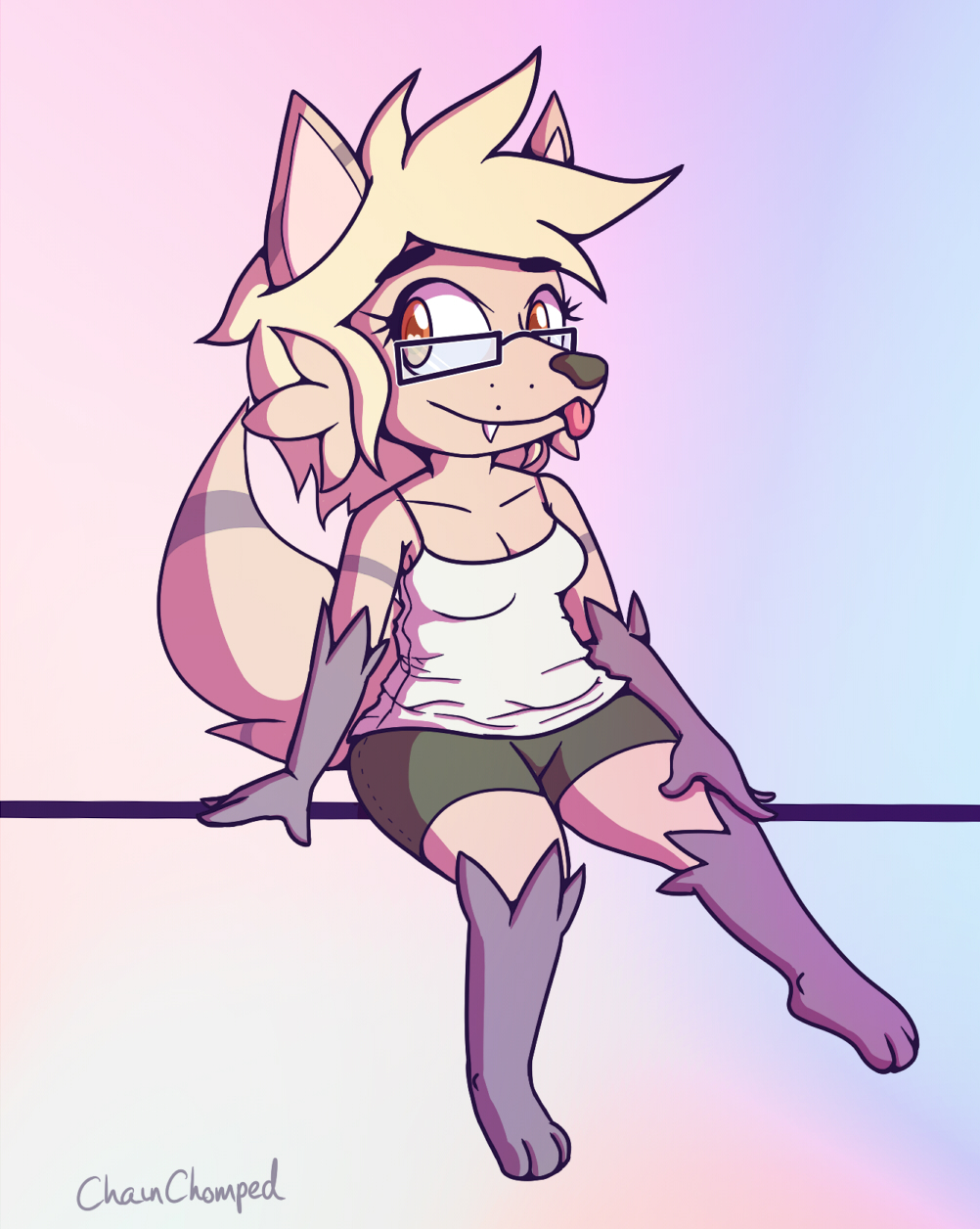 blonde_hair canine chainchomped clothing colorful eyewear female fox glasses hair lola looking_at_viewer mammal paws shorts sitting solo